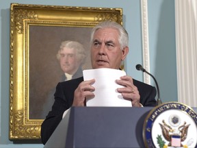 Secretary of State Rex Tillerson listens as he is asked a question about North Korea after he spoke on the release of the 2016 annual report on International Religious Freedom, Tuesday, Aug. 15, 2017, at the State Department in Washington. (AP Photo/Susan Walsh)