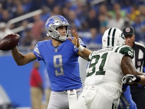 Detroit Lions quarterback Matthew Stafford throws during the first half of an NFL preseason football game against the New York Jets, Saturday, Aug. 19, 2017, in Detroit. (AP Photo/Paul Sancya)