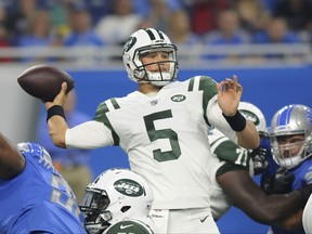 New York Jets quarterback Christian Hackenberg throws during the first half of an NFL preseason football game against the Detroit Lions, Saturday, Aug. 19, 2017, in Detroit. (AP Photo/Jose Juarez)