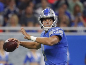 Detroit Lions quarterback Matthew Stafford looks downfield during the first half of the team's NFL preseason football game against the New England Patriots, Friday, Aug. 25, 2017, in Detroit. (AP Photo/Rick Osentoski)