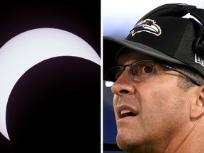 Left: A solar eclipse is seen near Buenos Aires, Argentina, on Feb. 19. Right: Baltimore Ravens coach John Harbaugh stands on the sideline during an Aug. 10 pre-season game.