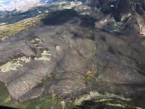 The north section of the Verdant Creek wildfire near Talc Lake is shown in an aerial handout photo from Parks Canada. A wildfire burning near the Alberta-British Columbia boundary continues to threaten a key highway linking the two provinces. THE CANADIAN PRESS/HO-Parks Canada J.Park MANDATORY CREDIT