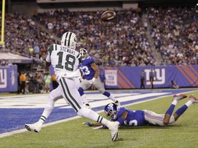 New York Jets' ArDarius Stewart (18) catches a pass for a touchdown in front of New York Giants' Nigel Tribune (35) during the second half of a preseason NFL football game Saturday, Aug. 26, 2017, in East Rutherford, N.J. (AP Photo/Julio Cortez)