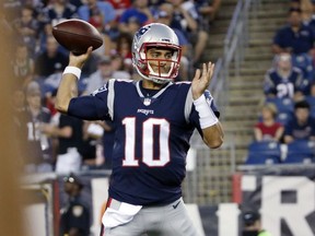 New England Patriots quarterback Jimmy Garoppolo passes against the Jacksonville Jaguars in the first half of an NFL preseason football game, Thursday, Aug. 10, 2017, in Foxborough, Mass. (AP Photo/Mary Schwalm)