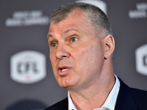 CFL commissioner Randy Ambrosie speaks during a press conference in Toronto on July 5.