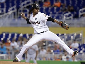 Miami Marlins starting pitcher Jose Urena delivers during the first inning of a baseball game against the San Francisco Giants, Wednesday, Aug. 16, 2017, in Miami. (AP Photo/Lynne Sladky)