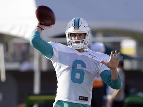 Miami Dolphins quarterback Jay Cutler (6) throws a pass during an NFL football training camp, Tuesday, Aug. 8, 2017, in Davie, Fla. (AP Photo/Lynne Sladky)
