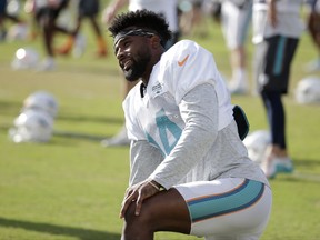 Miami Dolphins wide receiver Jarvis Landry (14) stretches during an NFL football training camp, Monday, Aug. 7, 2017, in Davie, Fla. Officials say Jarvis Landry is being investigated for possible domestic battery. A spokesman for the Broward County State Attorney's office said Monday in an email the allegations were under review and no decision has been made on whether Landry will be charged. (AP Photo/Lynne Sladky)