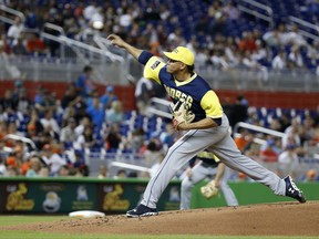 San Diego Padres' Dinelson Lamet delivers a pitch during the first inning of a baseball game against the Miami Marlins, Saturday, Aug. 26, 2017, in Miami. (AP Photo/Wilfredo Lee)