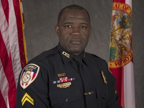 This undated photo from the Kissimmee Police Department shows Officer Sam Howard. On Saturday, Aug. 19, 2017, officials said Officers Howard and Matthew Baxter were checking suspicious people in an area of Kissimmee, Fla., known for drug activity when they were shot and did not have an opportunity to return fire Friday night. (Kissimmee Police Department/Orlando Sentinel via AP)