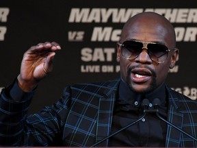 Floyd Mayweather speaks at a promotional press conference in Las Vegas on Aug. 23.