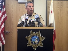 Yuba County Sheriff Steven Durfor speaks to the media after a shooting in Marysville, Calif., Tuesday, Aug. 1, 2017. Two California sheriff's deputies were shot and wounded Tuesday after they responded to reports of an armed and agitated man pulling up plants in the garden of a rural Rastafarian church, authorities said. (AP Photo/Sophia Bollag)