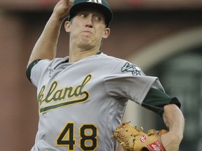 Oakland Athletics starting pitcher Daniel Gossett works in the first inning of the team's baseball game against the San Francisco Giants on Wednesday, Aug. 2, 2017, in San Francisco. (AP Photo/Eric Risberg)