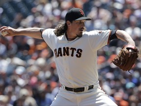 San Francisco Giants pitcher Jeff Samardzija throws against the Arizona Diamondbacks during the first inning of a baseball game in San Francisco, Sunday, Aug. 6, 2017. (AP Photo/Jeff Chiu)