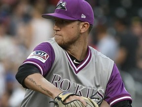Colorado Rockies' Kyle Freeland pitches during the first inning of a baseball game against the Atlanta Braves, Saturday, Aug. 26, 2017, in Atlanta. (AP Photo/John Amis)