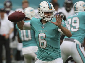 Miami Dolphins quarterback Jay Cutler (6), looks to pass the ball, during the first half of an NFL preseason football game against the Baltimore Ravens, Thursday, Aug. 17, 2017, in Miami Gardens, Fla. (AP Photo/Wilfredo Lee)