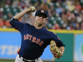 Houston Astros pitcher Brad Peacock delivers to the Oakland Athletics in the first inning of a baseball game, Sunday, Aug. 20, 2017, in Houston. (AP Photo/Richard Carson)