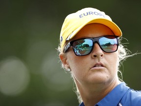 Europe's Anna Nordqvist, of Sweden, watches her shot off the 13th tee during practice for the Solheim Cup golf tournament, Thursday, Aug. 17, 2017, in West Des Moines, Iowa. (AP Photo/Charlie Neibergall)