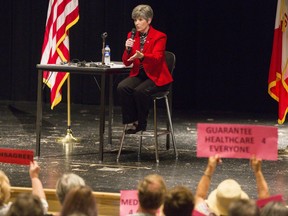 Republican senator Joni Ernst holds a town hall meeting in Fort Dodge, Iowa, Monday, Aug. 14, 2017. (Rodney White/The Des Moines Register via AP)
