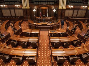 The Illinois Senate stands adjourned shortly after coming to order during a special session on education funding at the Illinois State Capitol, Monday, July 31, 2017, in Springfield, Ill. Negotiations between republicans and democrats continue on the Senate Bill 1, the school funding reform bill as Gov. Bruce Rauner has called for the bill to be sent to his desk. (Justin L. Fowler/The State Journal-Register via AP)