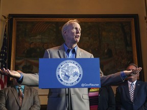 FILE - In this July 26, 2017 file photo, Illinois Gov. Bruce Rauner speaks during a news conference on the first day of a special session on education funding at the state Capitol, in Springfield, Ill. Rauner used his veto powers this week to rewrite a funding plan and remove hundreds of millions of dollars for Chicago Public Schools he said would be redistributed to other districts. (Justin Fowler/The State Journal-Register via AP, File)