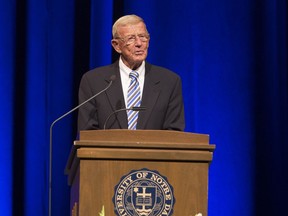 Former Notre Dame football coach Lou Holtz speaks during the Ara Parseghian memorial celebration Sunday, Aug. 6, 2017, in South Bend, Ind. Parseghian led Notre Dame to national football titles in 1966 and 1973. (Santiago Flores/South Bend Tribune via AP)