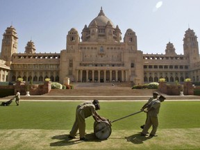 FILE - This March 6, 2007 photo, shows a general view of the Umaid Bhawan Palace in Jodhpur, India. The 347-room palace, considered one of the world's fanciest residences, was used as the primary location for "Viceroy House," a film by director Gurinder Chadha. The movie details the last days of the British Empire in India and the bloody partition with what became Pakistan in 1947. (AP Photo/Mustafa Quraishi, File)