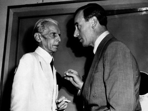 FILE- In this June 10, 1947 file photo, Viceroy of India Lord Louis Mountbatten, right, speaks with Muslim League leader Muhammed Ali Jinnah during conferences on India's division in New Delhi. Jinnah appealed to Indians to carry out peacefully the British plan for dividing the country. The Muslim League formally adopted the plan on the night of June 9. As the 70th anniversary of India-Pakistan Partition comes up next week, relations between the two nations are as broken as ever. In some ways, their violent birth pangs dictated their future course through suspicion and animosity. (AP Photo/Max Desfor, File)
