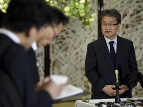 U.S. special representative for North Korea policy Joseph Yun, center, answers questions from reporters in Tokyo Tuesday, April 25, 2017