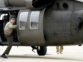 Joint Chiefs Chairman Gen. Joseph Dunford boards a helicopter at Osan Air Base in Pyeongtaek, South Korea, Monday, Aug. 14, 2017, to travel to U.S. Army Garrison Yongsan in Seoul, South Korea. (AP Photo/Andrew Harnik)