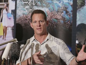 Lt. Gov. of Guam Raymond Tenorio dressed in an aloha shirt speaks during a press conference in Tokyo, Monday, Aug. 21, 2017. Tenorio who arrived in Tokyo earlier in the day reiterated the tropical island in the Pacific remain in the state of normalcy. The tension was raised as North Korea announced its plan to launch ballistic missile near the island which also hold a major U.S. base. (AP Photo/Koji Sasahara)