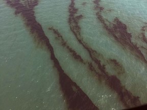 This Saturday Aug. 12, 2017 photo released by Kuwait Environment Public Authority, shows an oil spill near Kuwait's southern Ras al-Zour in Persian Gulf waters. (Kuwait Environment Public Authority via AP)