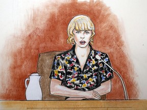 FILE - In this Thursday, Aug. 10, 2017, file courtroom sketch, pop singer Taylor Swift speaks from the witness stand during a trial, in Denver. A jury on Monday, Aug. 14, was expected to weigh Swift's allegation that a former radio host groped her during a meet-and-greet before a concert and whether the singer's mother and her radio liaison later set out to destroy his career. (Jeff Kandyba via AP, File)