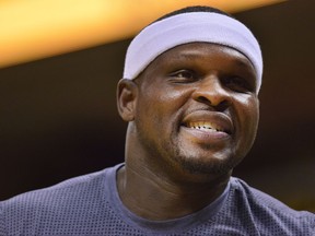 FILE - In this April 27, 2017, file photo Memphis Grizzlies forward Zach Randolph warms up before an NBA basketball game against the San Antonio Spurs in Memphis, Tenn. Police say Randolph was arrested on a marijuana charge after several police cars were vandalized when a large gathering became unruly at a Los Angeles housing project on Wednesday, Aug. 9, 2017. Randolph was taken into custody on suspicion of possession of marijuana with intent to sell. (AP Photo/Brandon Dill,File)