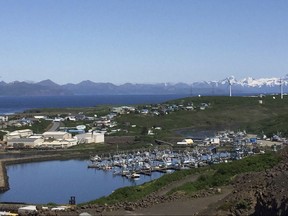 This June 7, 2016 photo provided by Andy Varner, city administrator for Sand Point, Alaska, shows the city's harbor. The small, isolated town at the edge of Alaska's Aleutian Islands had no police oversight for several days after its three officers quit in quick succession and its police chief resigned. Officials say the predicament that befell Sand Point illustrates the persistent challenges of hiring and retaining workers in rural parts of the vast state. Town officials say no big problems occurred when officers were absent. (Andy Varner/City of Sand Point via AP)