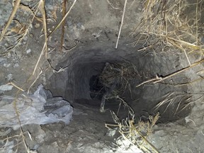 This Saturday, Aug. 26, 2017, photo released by U.S. Customs and Border Protection shows a tunnel exit with ladder inside in San Diego, Calif. Authorities say they've found a smuggling tunnel that carried dozens of people across the border from Mexico into the United States. Border Patrol agents discovered the crude tunnel shortly after 1 a.m. Saturday near the Otay Mesa border crossing in San Diego. Authorities say the tunnel may be an extension of an incomplete tunnel previously discovered by Mexican authorities. (U.S. Customs and Border Protection via AP)