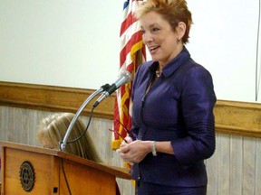 FILE - In this 2013 file photo, U.S. District Court Judge Patricia Minaldi speaks during the Empowering Women Luncheon in Sulphur, La. Minaldi retired several months after taking medical leave for treatment of severe alcoholism, a court official said Wednesday, Aug. 2, 2017. (Marilyn Monroe/American Press via AP, File)