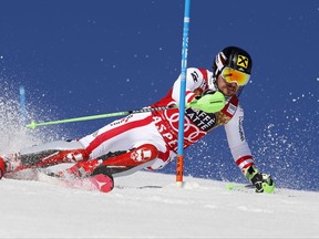 FILE - In this March 19, 2017 file photo Austria's Marcel Hirscher skis during a men's World Cup slalom ski race in Aspen, Colo. United States. Multiple World Cup Overall winner Hirscher broke his left ankle during a training on Moelltaler glacier in Austria, Thursday, Aug. 17, 2017. (AP Photo/Nathan Bilow, file)