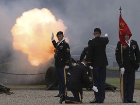 U.S. soldiers fire a salute during a change of command and change of responsibility ceremony for Deputy Commander of the South Korea-U.S. Combined Force Command at Yongsan Garrison, a U.S. military base, in Seoul, South Korea, Friday, Aug. 11, 2017. (AP Photo/Lee Jin-man)