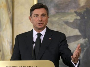 FILE - In this Tuesday, Jan. 10, 2017 file photo, Slovenian President Borut Pahor speaks during a news conference after talks with Austrian President elect Alexander van der Bellen in Vienna, Austria. The next presidential election in Slovenia will be held on Oct. 22 and the incumbent is expected to run for a second term. Parliamentary speaker Milan Brglez on Friday, Aug. 11 formally set the date for the vote which must be held in the autumn. Recent opinion polls predict that President Borut Pahor will likely be re-elected if he chooses to run. (AP Photo/Ronald Zak, file)