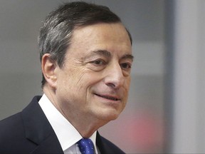 FILE - A Thursday, March 9, 2017, file photo of President of the European Central Bank Mario Draghi in Frankfurt, Germany. The eurozone economy is on course for another solid quarter of economic growth, a closely watched survey indicated Wednesday ahead of a keenly awaited speech from the European Central Bank's chief Friday. (AP Photo/Michael Probst)