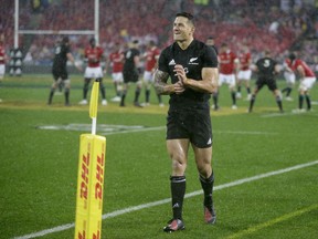 FILE - In this file photo dated Saturday, July 1, 2017, New Zealand center Sonny Bill Williams walks from the field after he was sent off during the second rugby test between the British and Irish Lions and the All Blacks in Wellington, New Zealand.  Williams has been recalled to the All Blacks team, it is announced Wednesday Aug. 16, 2017, for upcoming Saturday's Rugby Championship and Bledisloe Cup test against Australia after completing a four-match suspension following his sending off against the British and Irish Lions.(AP Photo/Mark Baker, FILE)