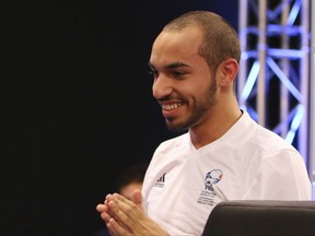Player Mohammed "Mo_Aubameyang" Harkous at the FIFA Interactive World Cup 2017, on Thursday, Aug. 17, 2017. Competition to reach the finals is getting harder each year. Two million players entered the 2016 edition. Qualifying for the 13th tournament attracted seven million competitors, according to FIFA. (AP Photo/Leonore Schick)