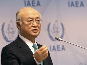 FILE - In this March 6, 2017 file photo, Director General of the International Atomic Energy Agency, IAEA, Yukiya Amano of Japan speaks in Vienna, Austria. The top U.N. official monitoring Iran's nuclear program, Yukiya Amano on Thursday Aug. 31, 2017, rejected Tehran's claim that its military sites were off limits to inspection, saying his agency needs to have access to all "relevant locations" if suspicions arise of possible hidden activities.(AP Photo/Ronald Zak, FILE)