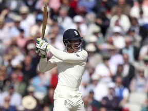 England's Keaton Jennings plays a shot against South Africa during the fourth cricket Test match between England and South Africa at Old Trafford, cricket ground Manchester England Friday Aug. 4, 2017. (Simon Cooper/PA via AP)
