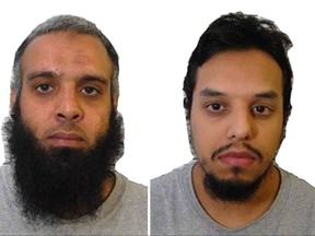 A composite of four undated images issued Wednesday Aug.2, 2017, by Britain's West-Midlands Police, showing left to right: Tahir Aziz, Naweed Ali, Mohibur Rahman and Khobaib Hussain who have been found guilty of preparing terrorist acts, following a partly-secret trial at the Old Bailey in London Wednesday Aug. 2, 2017.  As the men,  who dubbed themselves the "Three Musketeers", planned an attack, they were under surveillance by Britain's domestic intelligence service, MI5. The four men are expected to be sentenced on Thursday. (West Midlands Police via AP)