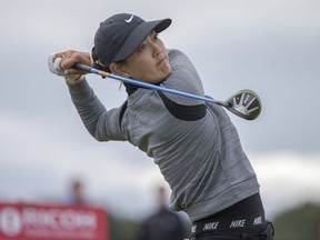 Michelle Wie, from the US tees off at the 16th hole during day one of the Women's British Open at Kingsbarns Golf Links, St Andrews Scotalnd Thursday Aug. 3, 2017. (Kenny Smith/PA via AP)