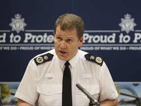 Northumbria Police Chief Constable Steve Ashman during a press conference in Newcastle Wednesday Aug. 9, 2017 after more than men were convicted of sexual offences. Prosecutors said  the dozen men were of the convicted of sexual offenses in the city of Newcastle as children's advocates expressed outrage at news that a convicted rapist was paid to inform on parties where the young women and girls were abused.  (Owen Humphreys/PA via AP)