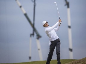 Michelle Wie of the USA plays her approach shot into the 17th during day two of the Women's British Open at Kingsbarns Golf Links, St Andrews Scotland Friday Aug. 4, 2017. (Kenny Smith/PA via AP)