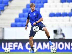 Hoffenheim's coach Julian Nagelsmann in action during the training session in preparation of the upcoming Champions League qualifier soccer match between 1899 Hoffenheim and FC Liverpool in the Rhein-Neckar-Arena in Sinsheim, Germany, Monday Aug. 14, 2017. (Uwe Anspach/dpa via AP)